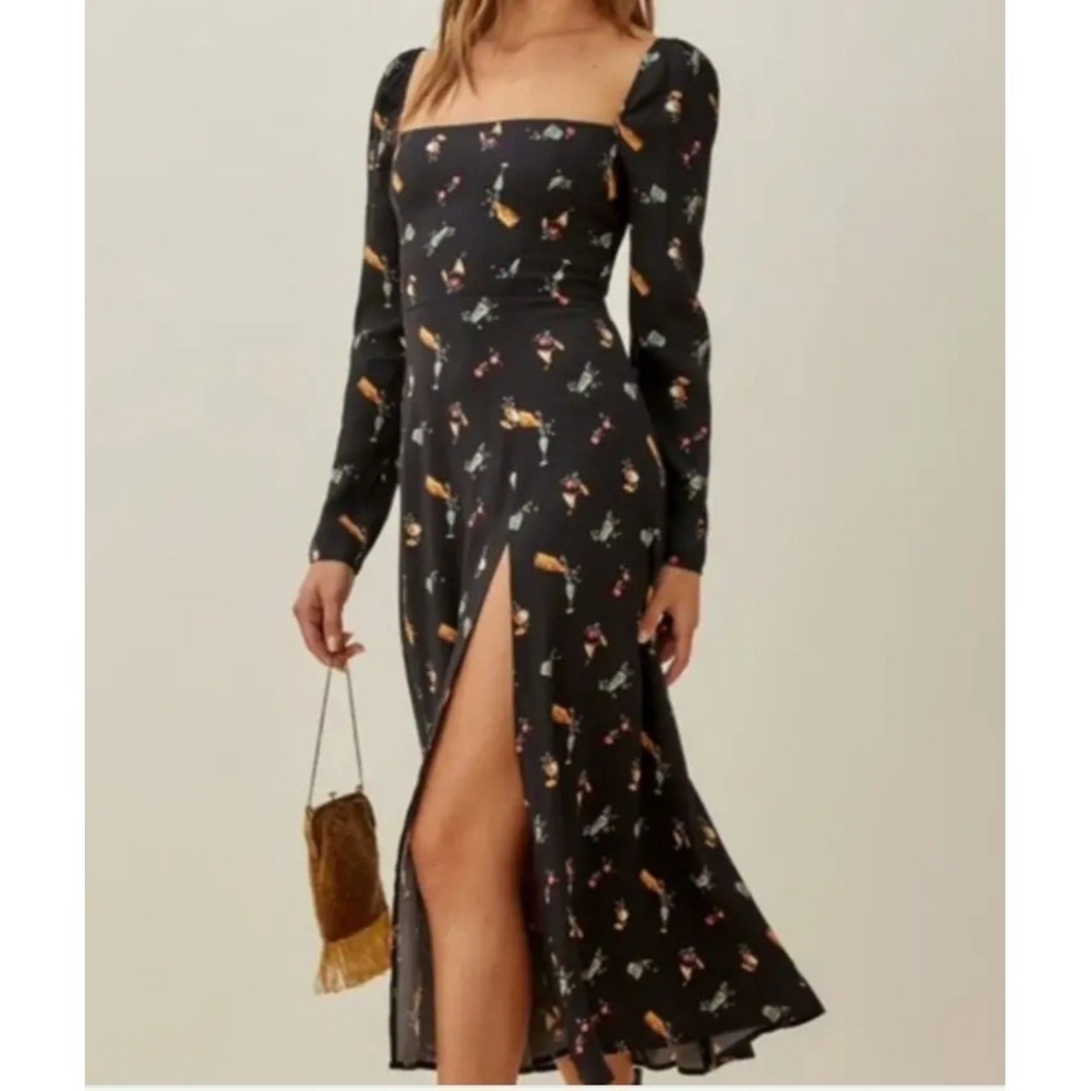 Reformation Whimsical Sigmund "Cocktail Party" Print Long Sleeve Maxi Dress Sz 8